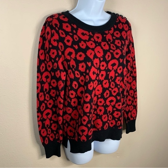 Vintage Kim Rogers Petite Medium Red Black Leopard Print Sweater Cotton - Picture 2 of 8